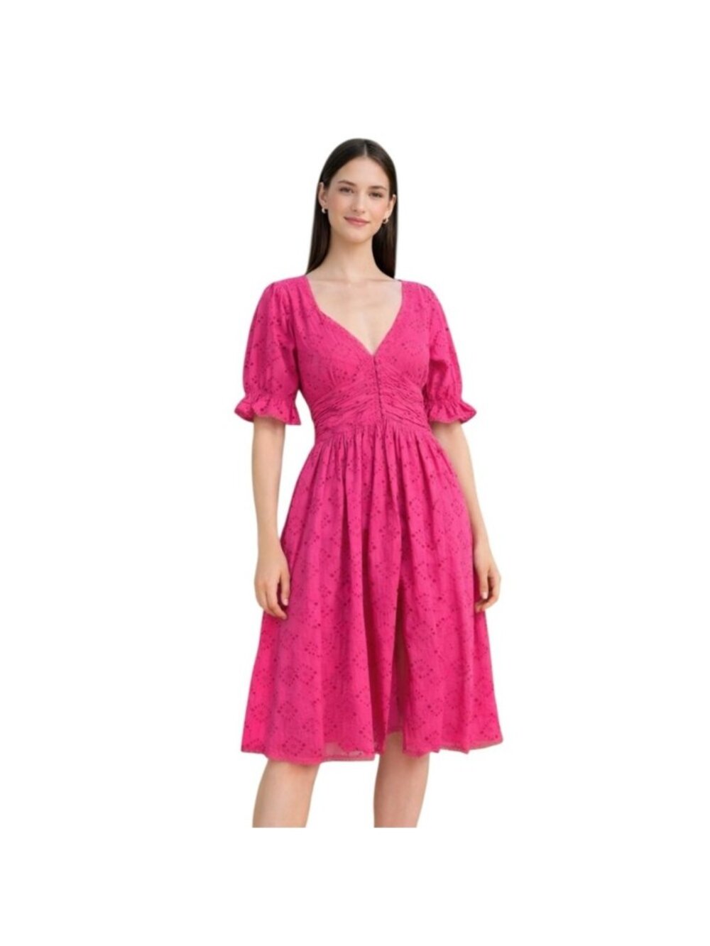 House Of Harlow V Neck Button Up Eyelet Midi Dress